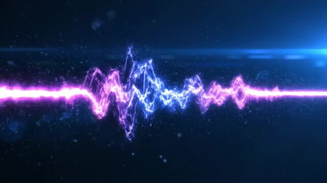 Futuristic audio equalizer wave with glowing neon pink and blue electric energy lines and lens flare