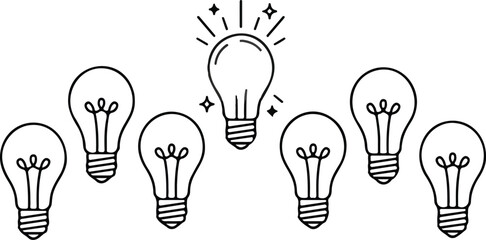 Creative idea concept with glowing light bulb outstanding among ordinary bulbs line art vector illustration for business innovation and inspiration design © Mon