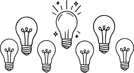 Creative idea concept with glowing light bulb outstanding among ordinary bulbs line art vector illustration for business innovation and inspiration design © Mon