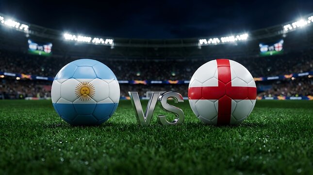 Argentina versus England soccer match in stadium two national flags represented on footballs on green grass lit by stadium lights.
