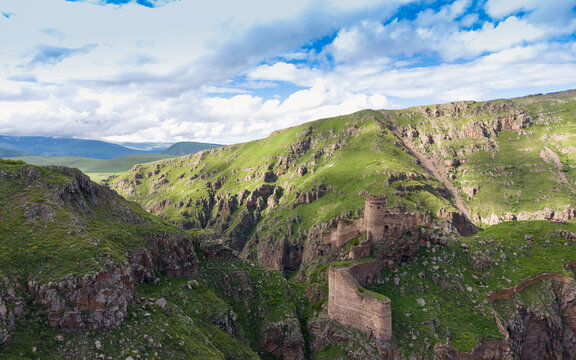 Aerial Drone View of Seytan Castle Ruins in Cildir Ardahan Province Turkey Eastern Anatolia Dramatic Cliff Landscape