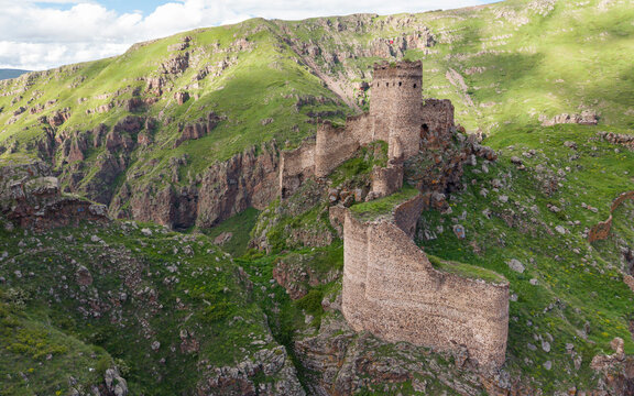 Aerial Drone View of Seytan Castle Ruins in Cildir Ardahan Province Turkey Eastern Anatolia Dramatic Cliff Landscape