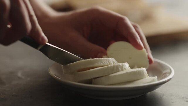 slicing mozzarella ball close up