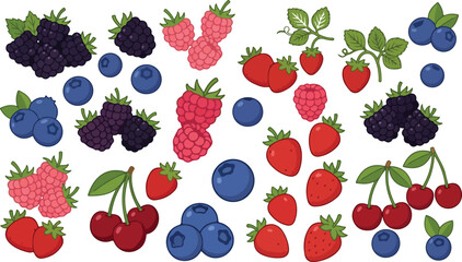 Fresh berry fruit icons collection vector illustration set featuring organic strawberry cherry blueberry raspberry and blackberry for healthy food design elements © Mon