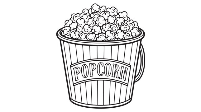 Vintage popcorn bucket line art vector, hand drawn movie theater snack illustration, retro popcorn container coloring page for cinema events