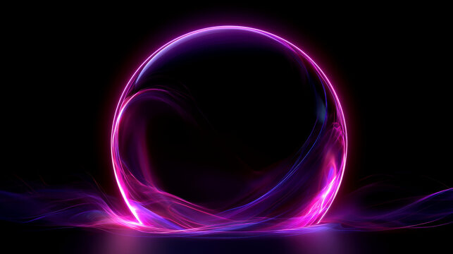 Glowing purple neon circle frame featuring abstract energy waves and vibrant light rays on transparent background