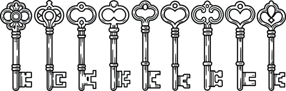 Vintage antique skeleton keys collection with ornate decorative handles in black linear outline style vector illustration set