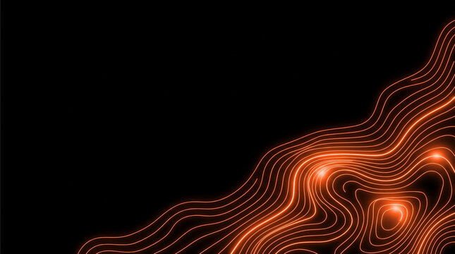 Abstract topographic contour lines with orange neon glow effect on dark black background