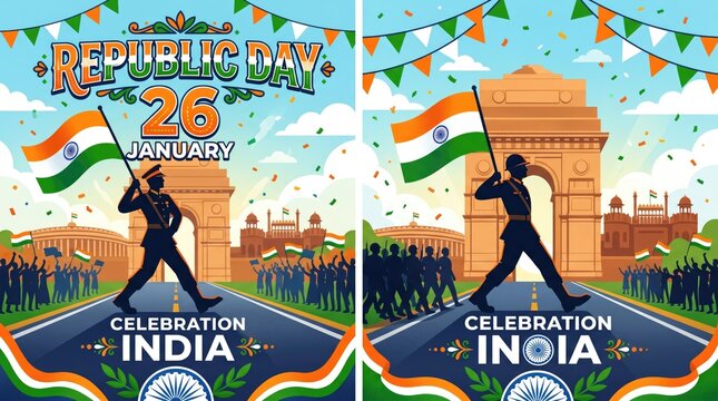 Republic Day 26 January India celebration posters, patriotic soldier silhouette with national flag, Indian independence day parade illustration