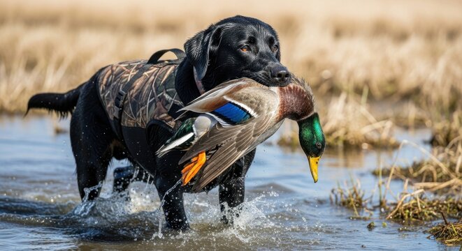 Black Labrador Retriever dog in camouflage vest retrieving a mallard duck from water