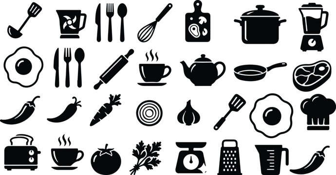 Kitchen utensils and cooking ingredients black icons collection vector illustration set featuring chef hat pot pan food symbols for restaurant menu design