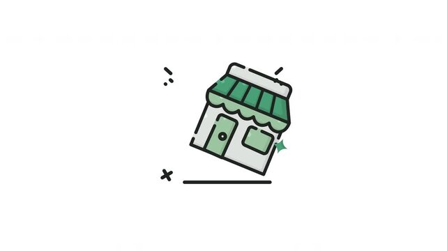 Suitable for logo, website, branding. Iconic green storefront building illustration in a clean, simple, cartoonstyle graphic design. Symbolic, eyecatching.