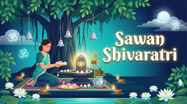 Indian woman praying to lord shiva lingam under tree for sawan shivaratri festival celebration