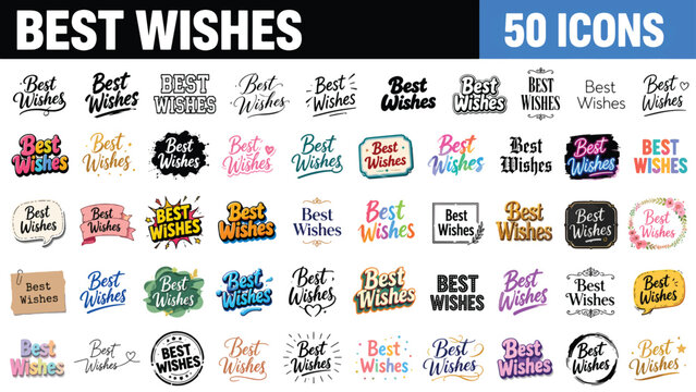 Best Wishes icons, 50 piece set, colorful typography, greeting phrases, vector graphics 