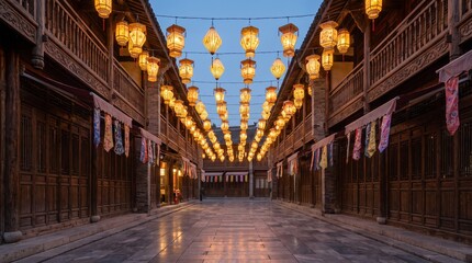 Obraz premium Traditional East Asian street with illuminated lanterns and wooden buildings