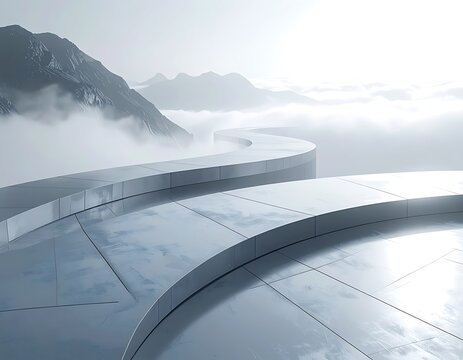 Modern architecture with foggy mountain landscape.