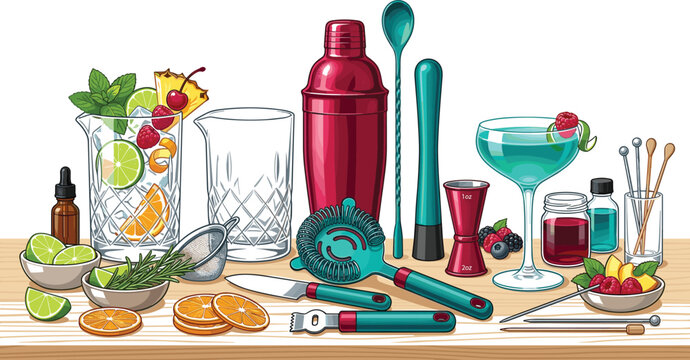 Bartender Mixology Cocktail Set with Shaker Glassware Jigger Hawthorne Strainer Fresh Tropical Fruits and Bar Tools for Pub Drink Menu Design Vector