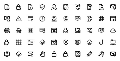 Internet Security icon set. Featuring file, padlock, shield, database, smartphone, email, browser, virus, cloud, phishing, privacy, firewall, folder, keypad and more. Editable vector stroke. © wang