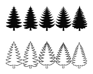 Set of fir and pine coniferous tree silhouettes with coniferous silhouette evergreen woodland collection wilderness environment © Chayan