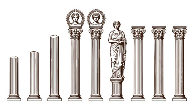 Set of classical roman and greek architecture columns and statues illustration with architecture classical sculpture ornament building