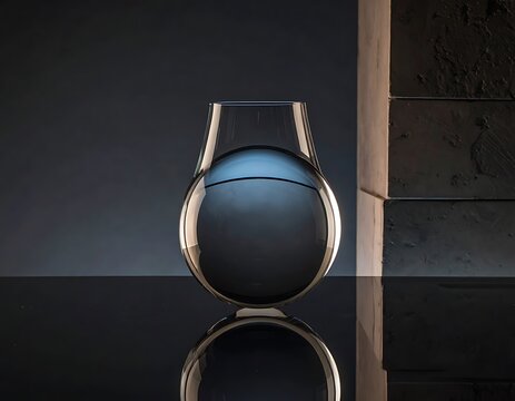 Modern glass sculpture on reflective surface.