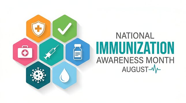 National immunization awareness month august with diverse medical icons in hexagons shield and checkmark promoting health.
