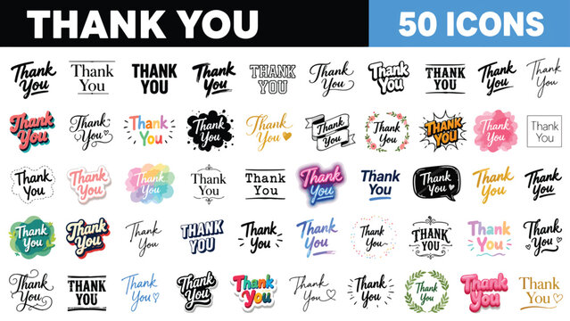 Thank you icons, 50 gratitude symbols, colorful thank you stickers, vector thank you set 