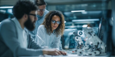 Diverse team of scientists working collaboratively in a modern laboratory with advanced equipment including microscopes and robotic arms for research and innovation © kwanchaift