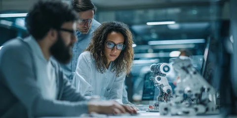 Diverse team of scientists working collaboratively in a modern laboratory with advanced equipment including microscopes and robotic arms for research and innovation © kwanchaift