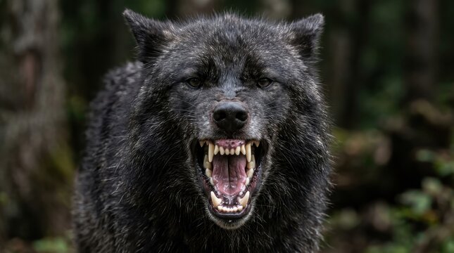 Fierce Black Wolf Snarling with Mouth Open, Showing Sharp Teeth in a Dark Forest