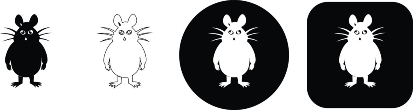 Set of four featuring a cute cartoon mouse facing forward, presented in various black and white styles