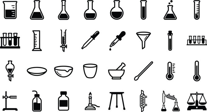 Set of chemistry icons featuring laboratory glassware and scientific equipment isolated on a white background for educational templates.