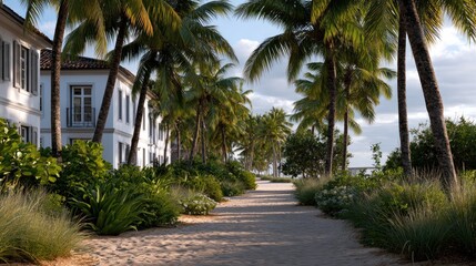 Fototapeta premium Luxury tropical resort pathway leads to white sand beach with coconut palms and elegant buildings during golden hour