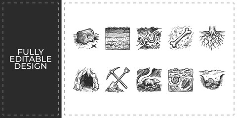 Geology and mining exploration hand drawn icons set featuring minerals fossils pickaxe and volcanic mountains for natural resource and environmental research graphics © Ashik  Khan