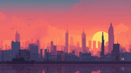 Obraz premium Vibrant city skyline silhouette against a golden sunset in flat art style