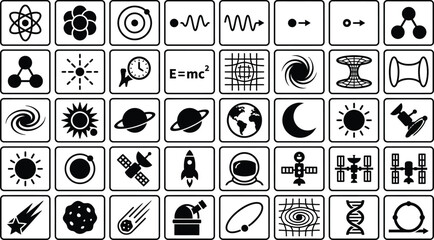 Space astronomy and physics science research icons with astronomy © Vector Mahi
