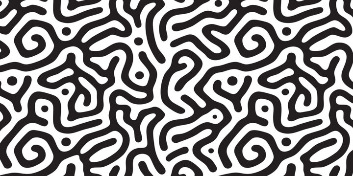 Black and white organic maze pattern with wavy lines and dots in a seamless design