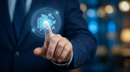 Fototapeta premium Businessman touching digital interface showing real estate growth and key house buildings