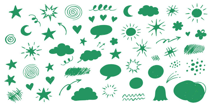 Set of hand drawn doodle icons including stars clouds hearts suns and speech bubbles in dark green