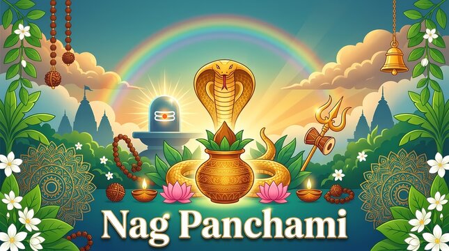 Happy nag panchami celebration with golden cobra snake and hindu symbols in a tropical garden