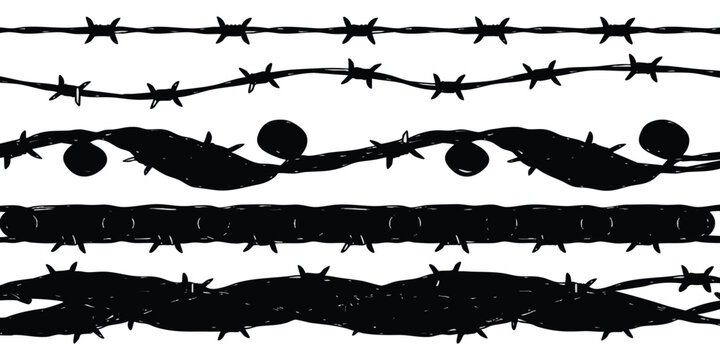 Set of black silhouette barbed wire border lines for security and prison design elements