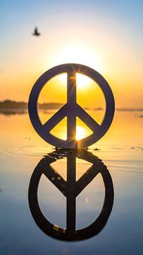 Peace symbol at serene sunset lake.
