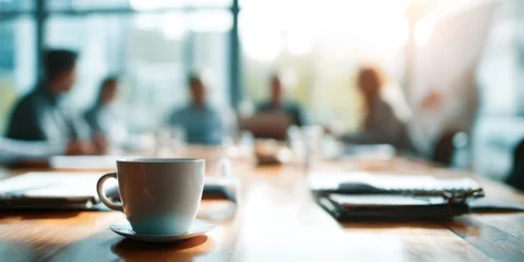 Business Meeting Focused on Collaboration and Decision Making in Modern Office Environment with Notebooks and Coffee © kwanchaift