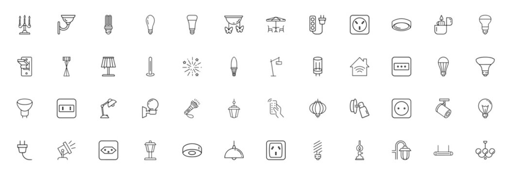 Light icon set. Minimal linear icons. Lighting icon pack. Featuring candles, wall lamps, light bulbs, lamps, plugs, sockets, switches, desk lamps, flashlights, lanterns and more.