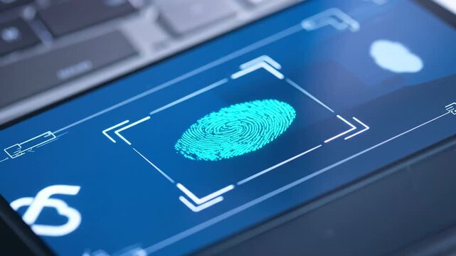 Close-up of a glowing digital fingerprint on a smartphone screen with security icons, representing mobile biometric authentication and secure device access.