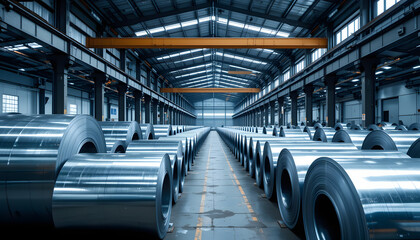 Obraz premium Rows of rolled sheet metal steel coils inside a large industrial warehouse