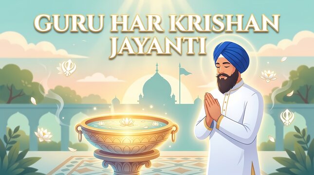 Guru har krishan jayanti celebration with a praying man in front of a temple