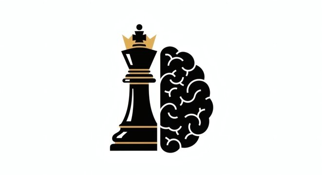 Minimal Chess King and Brain Icon in Modern Black and Gold Design