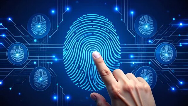 Human finger interacting with multiple glowing digital fingerprints on an abstract blue circuit board background, symbolizing advanced biometric security and multiple access points.