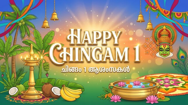 Happy chingam 1 festival greeting with traditional kerala oil lamp and kathakali mask illustration